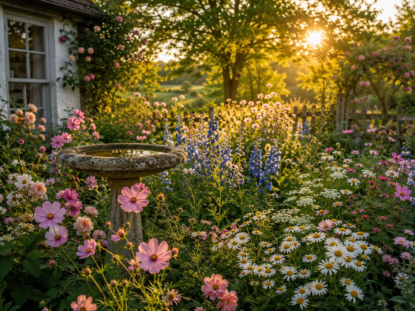 A vibrant garden scene with a variety of blooming flowers, a stone bird bath in the foreground, and a sunlit sunset in the background.