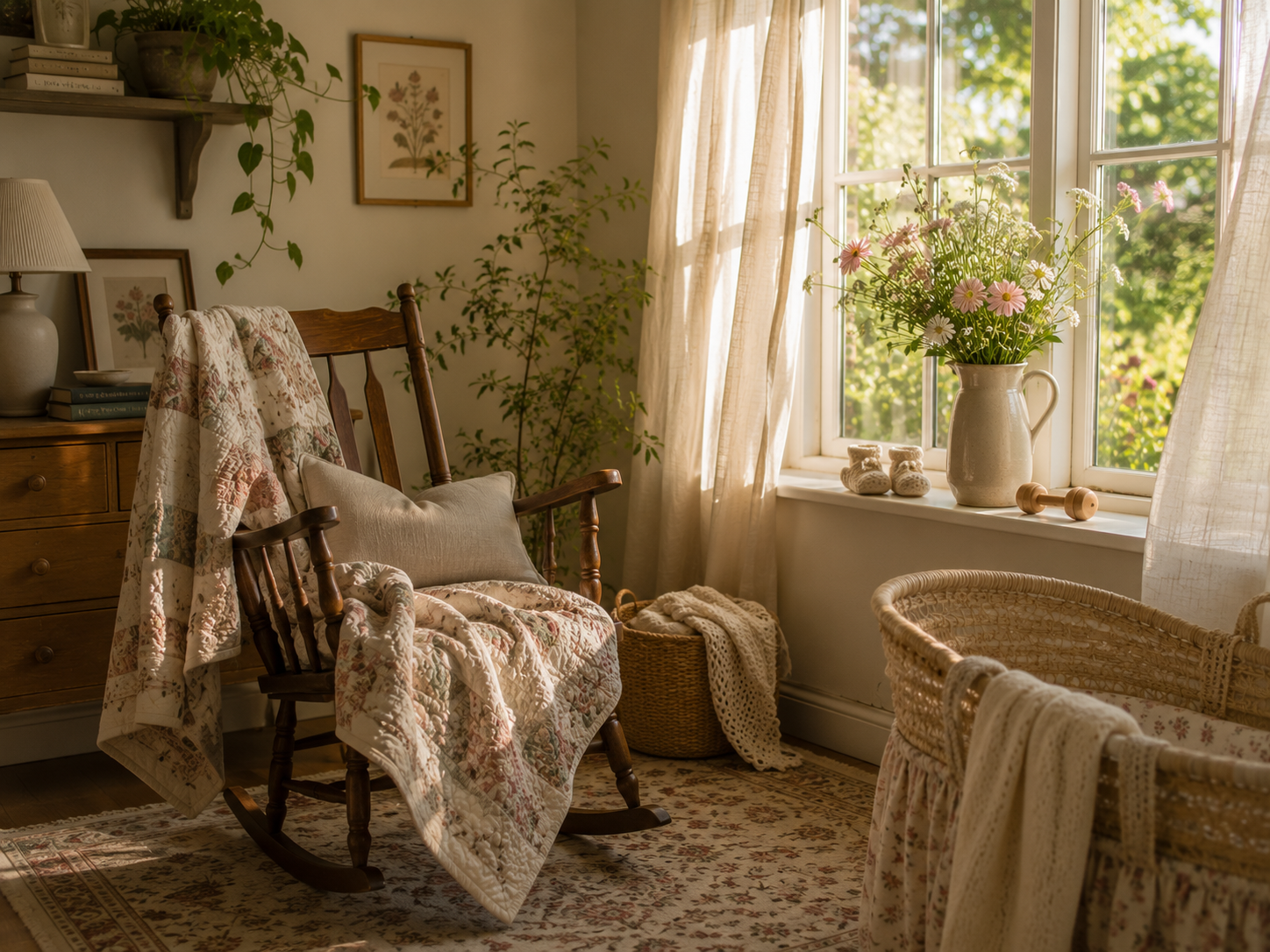 A cozy, vintage-style sunlit living room corner with a rocking chair covered with a floral quilt and pillow, a wooden side table, woven baskets, a large vase with pink and white flowers on the windowsill, wicker chairs, framed botanical art on the walls, and sheer curtains letting in natural light.