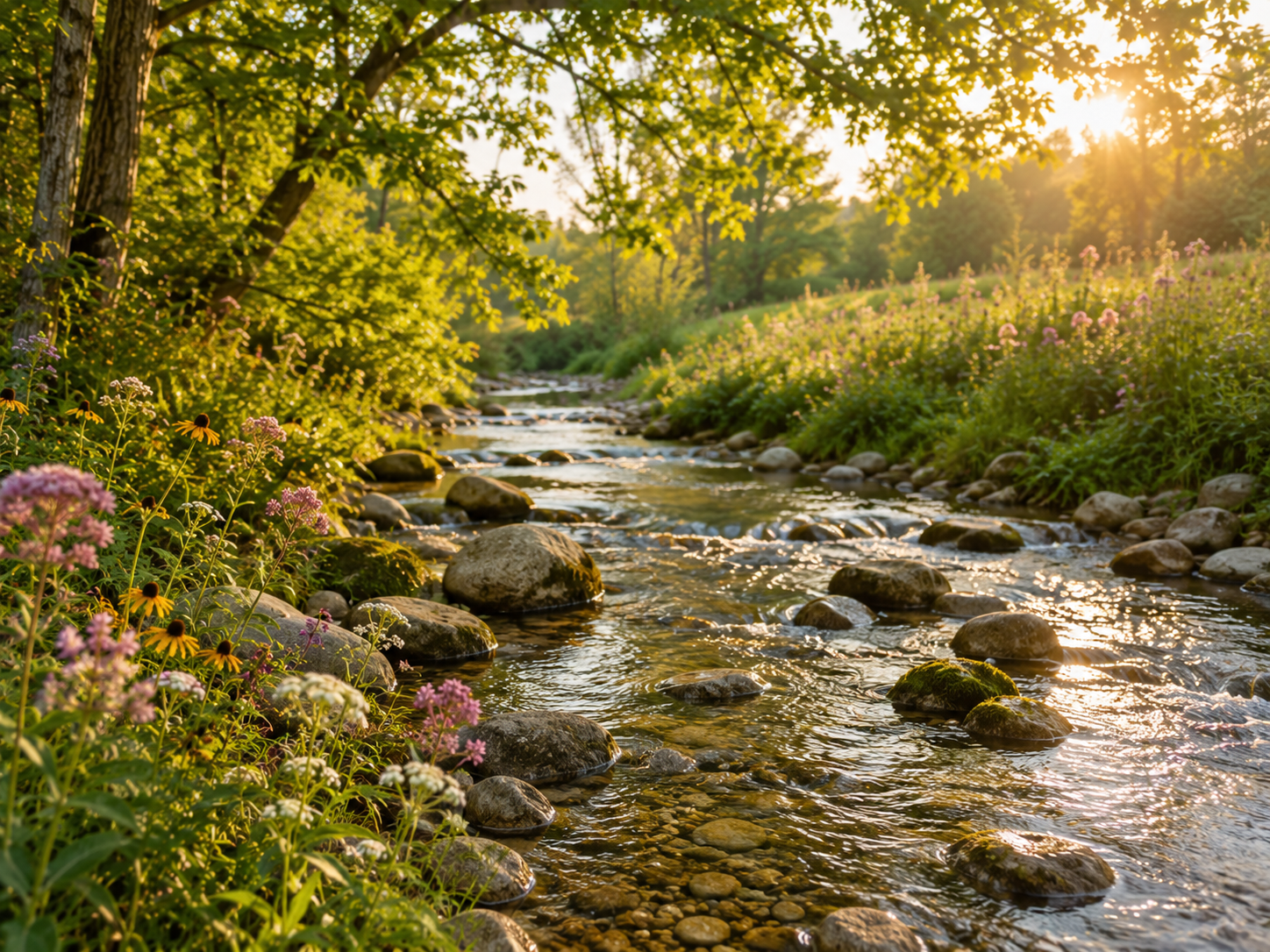 A peaceful creek flowing through a lush, green forest during sunset with rocks and colorful flowers along the banks.