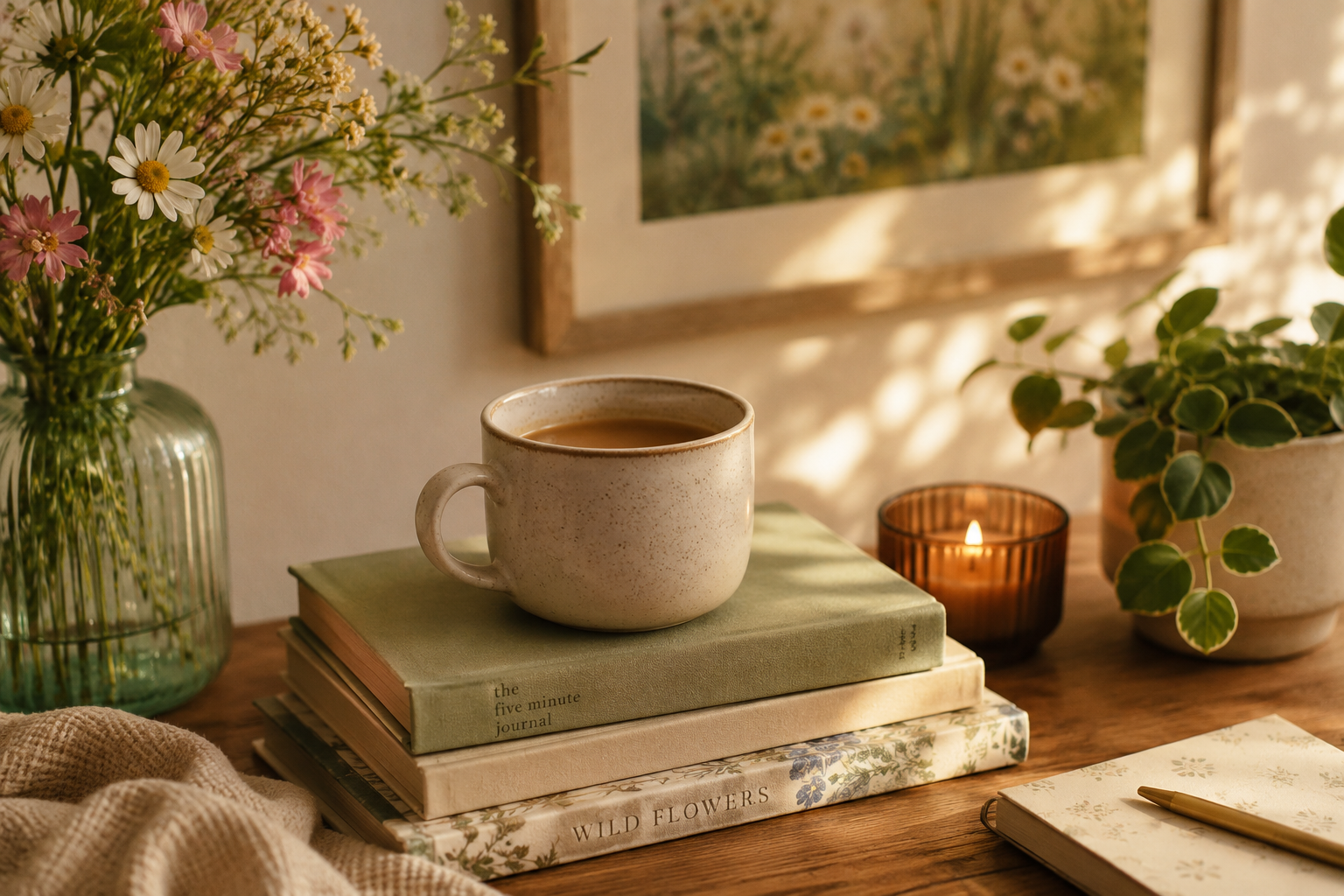 A cozy tabletop scene with a beige speckled mug of coffee on top of three stacked books, surrounded by a jar of daisies and pink flowers, a potted plant, a lit candle in a brown glass container, a closed notebook, and warm natural lighting with a framed painting of flowers on the wall.