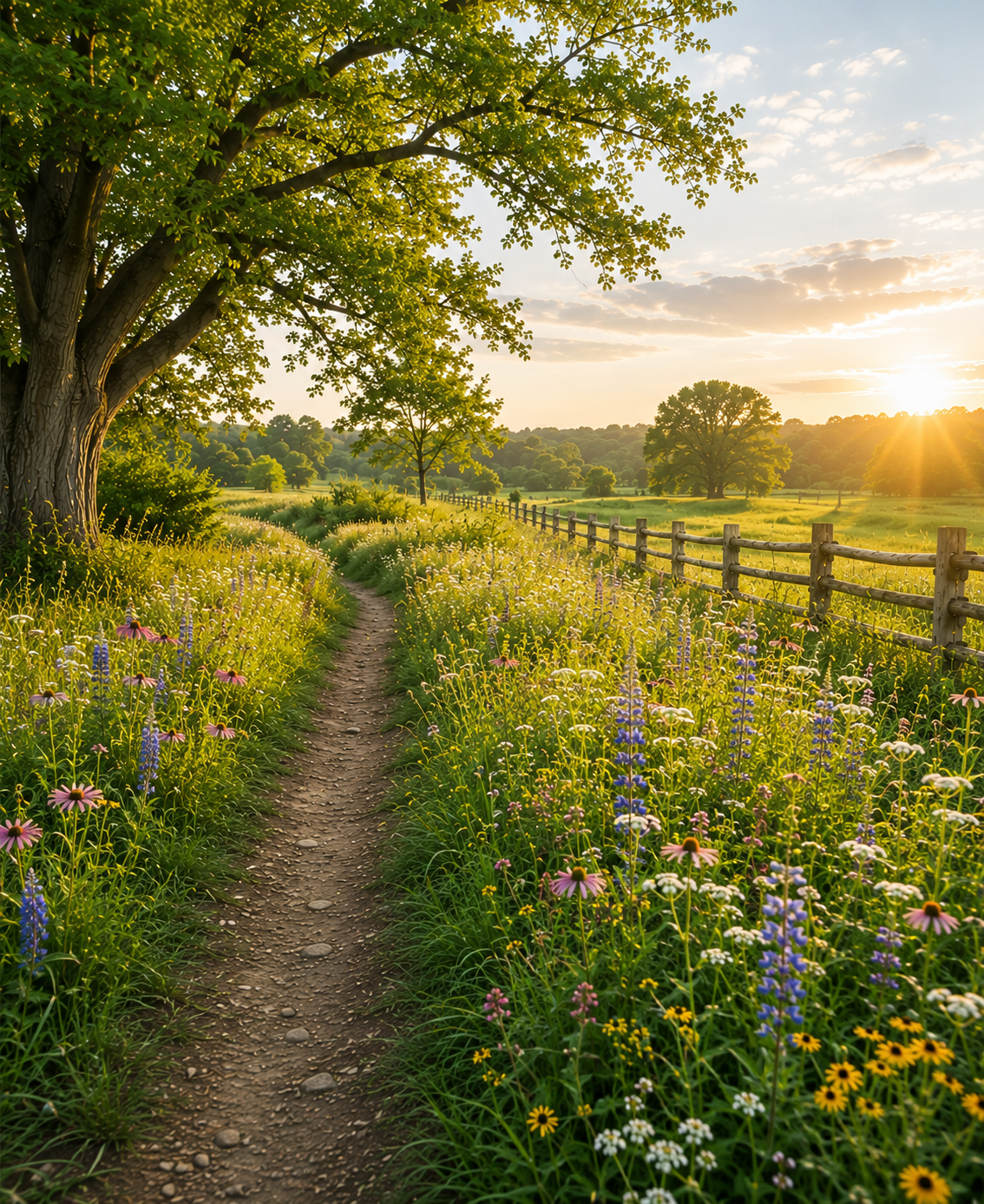 A dirt pathway winding through a flowered field at sunset, with a large tree on the left and a wooden fence on the right, overlooking rolling hills and scattered trees.