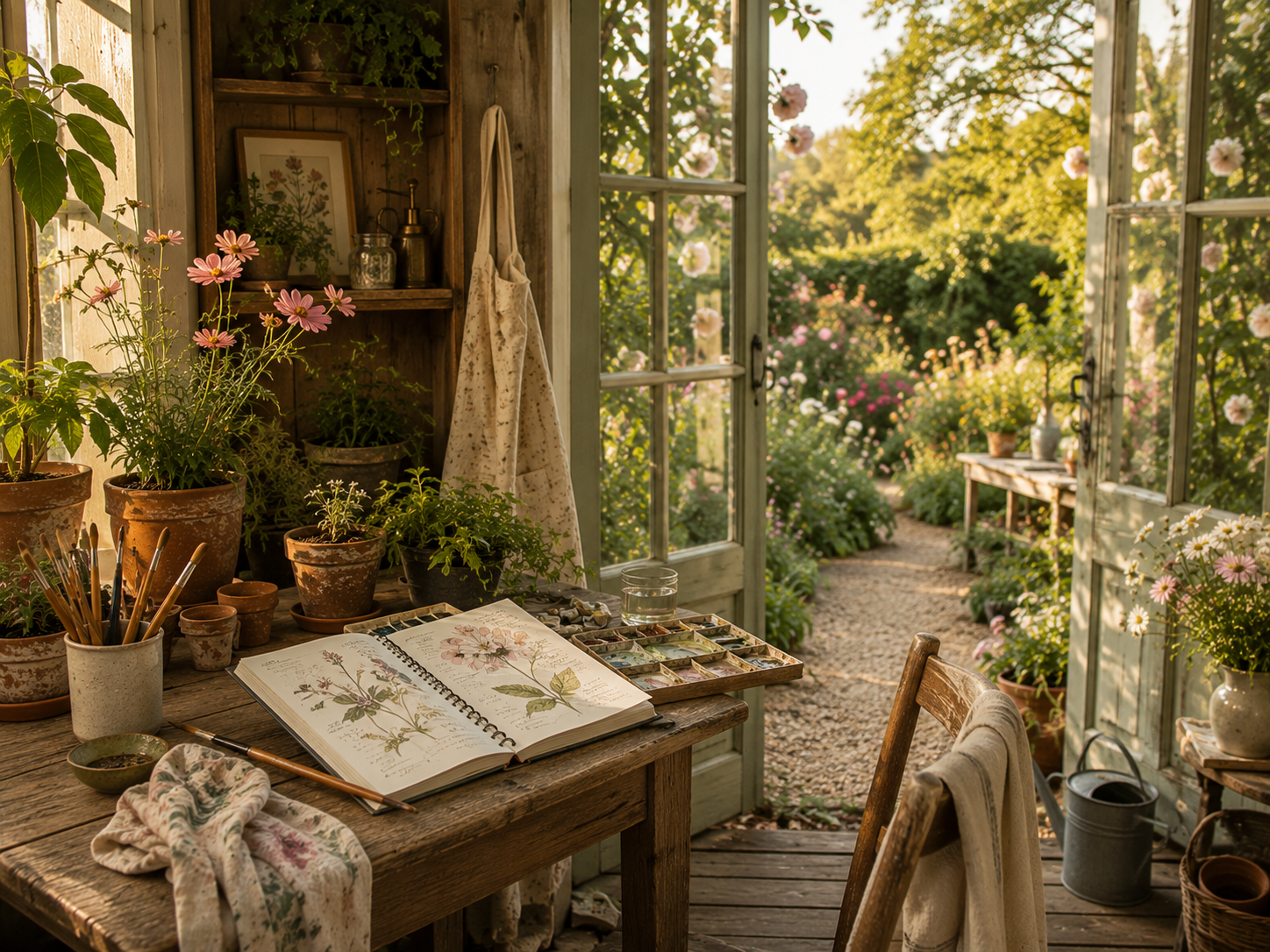 A cozy greenhouse filled with potted plants, watercolor paintings, and art supplies on a rustic wooden table, with a garden view outside through open glass doors.