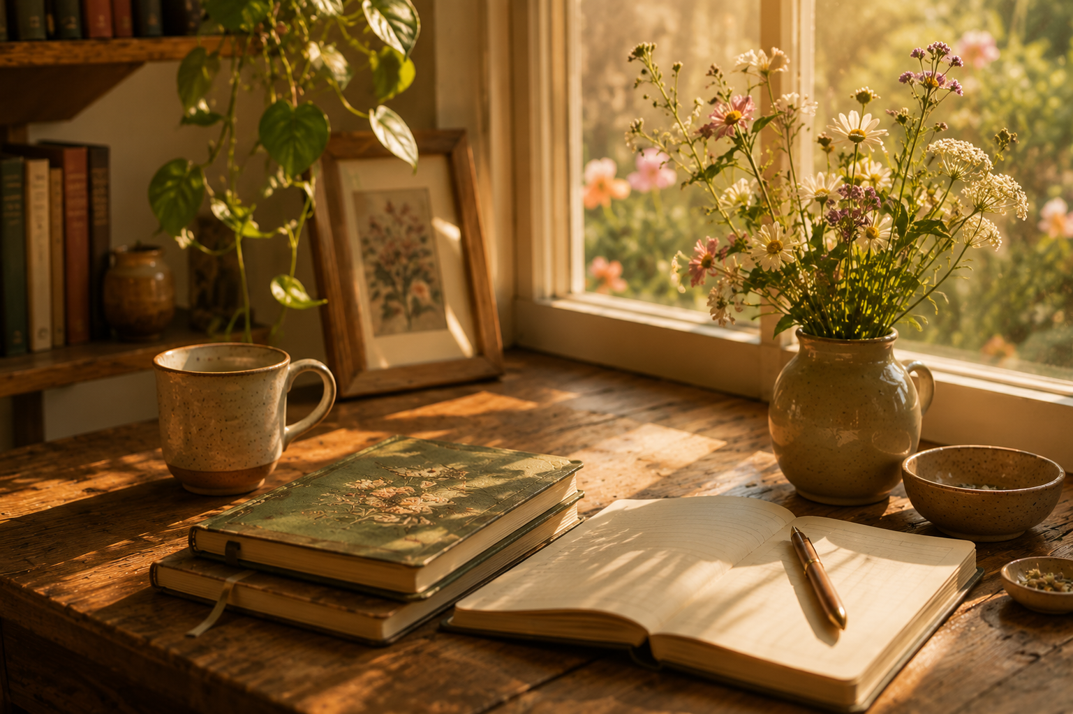 A rustic wooden table with an open notebook, a pen, a ceramic mug, a vase of wildflowers, a bowl, and two books, set near a window with sunlight streaming in, in a cozy, well-decorated room.
