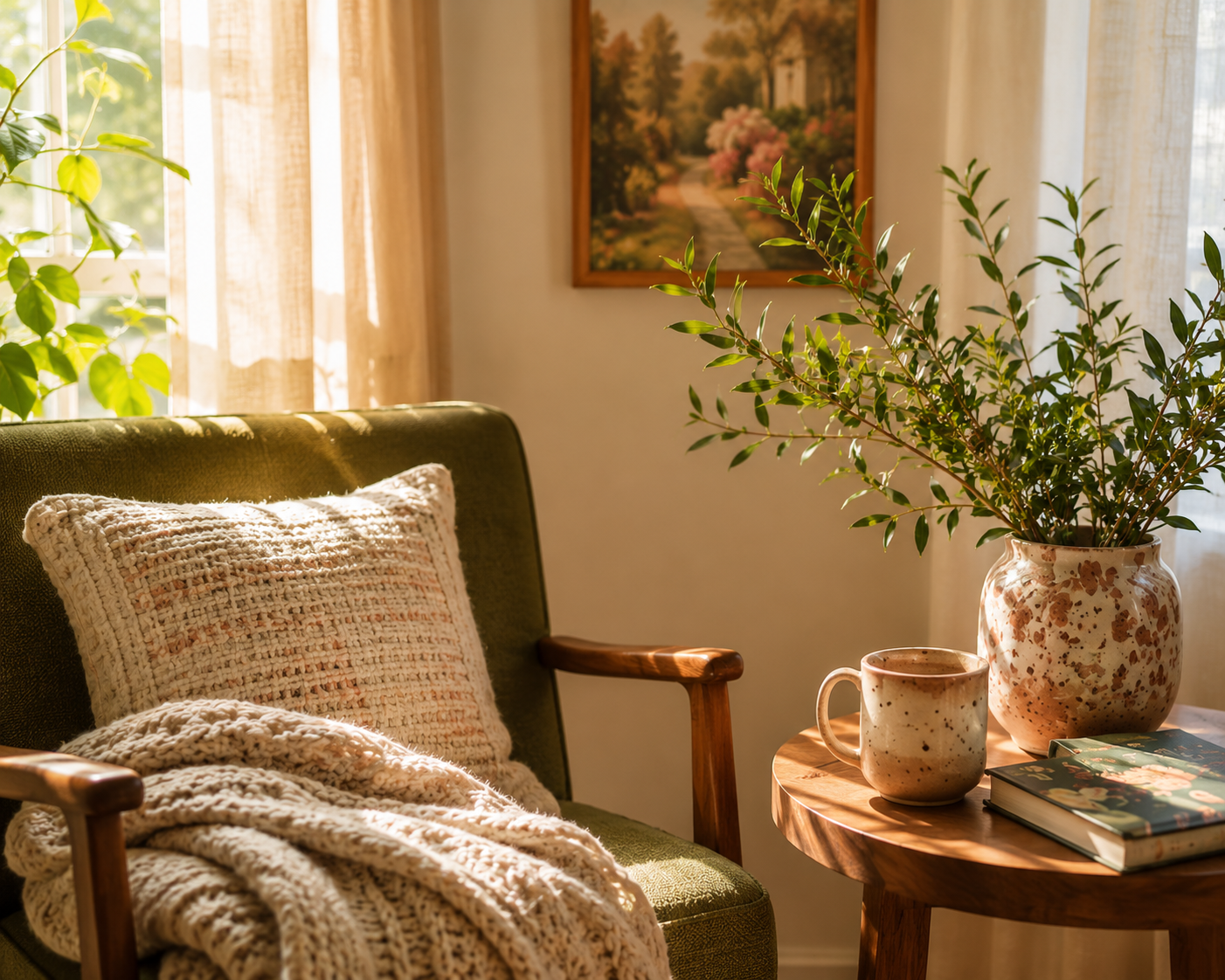 Sunlit cozy living corner featuring a green armchair with a knitted blanket and pillow, a wooden side table with a large potted plant, a coffee mug, and a book, decorated with framed wall art and sheer curtains.