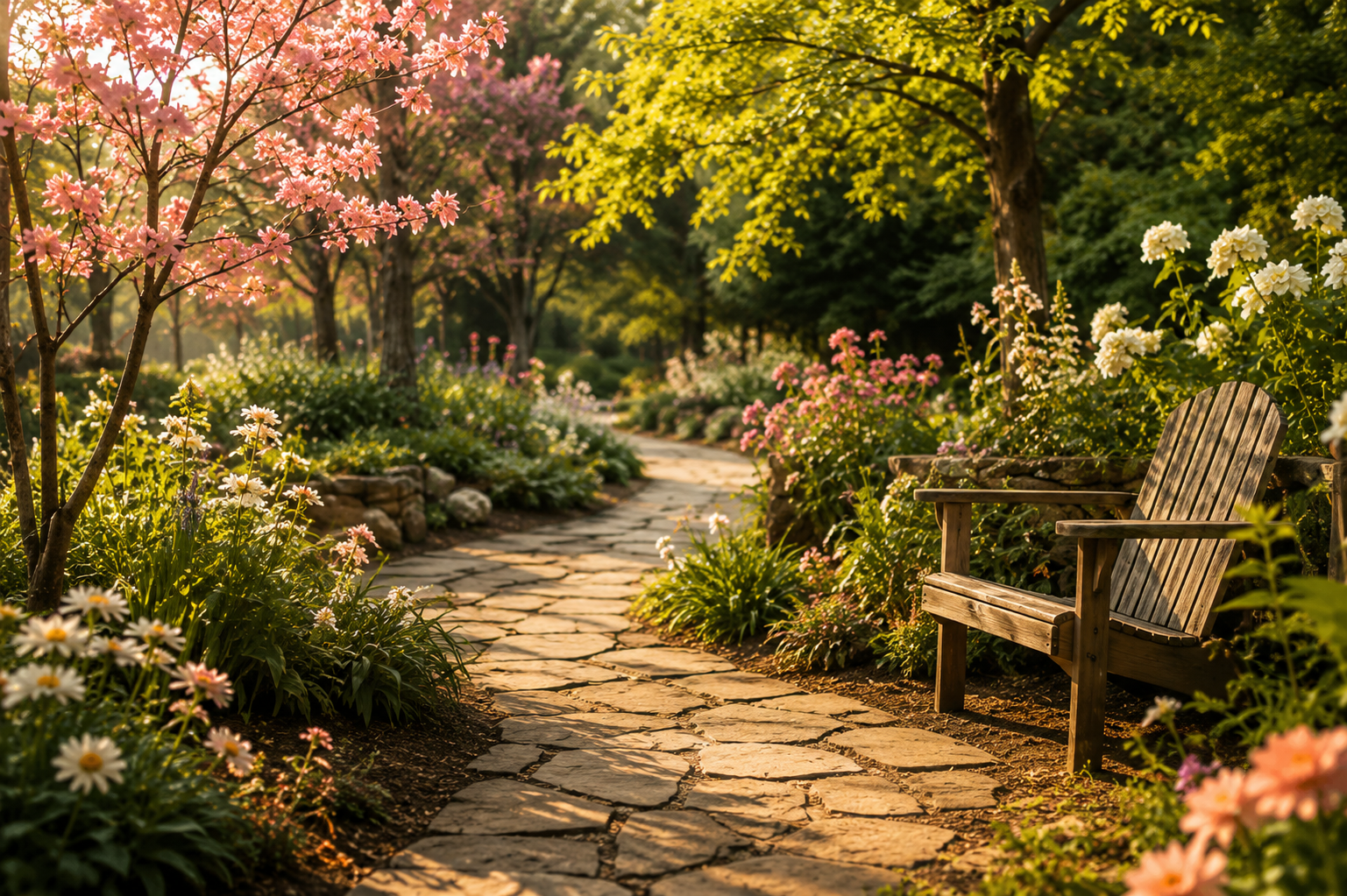 A peaceful garden path bordered by blooming pink and white flowers, with green trees, and a wooden bench on the right side, bathed in warm golden light.