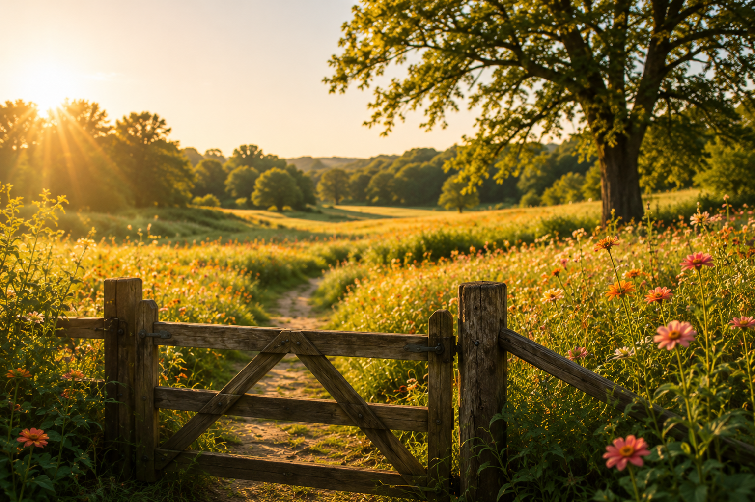 A wooden gate opening to a field of blooming flowers with a dirt path, trees, and a sunset in the background.
