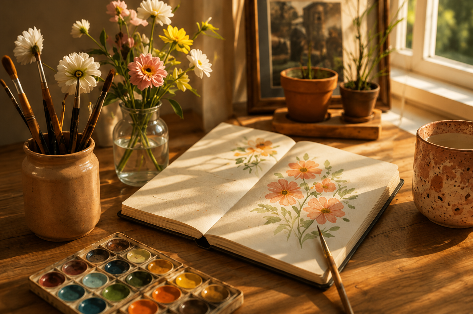 A wooden desk with a watercolor painting of pink and orange flowers in an open sketchbook, a watercolor paint palette, a cup of coffee, a jar of paintbrushes, a glass of water with flowers, and potted plants near a window with sunlight streaming in.