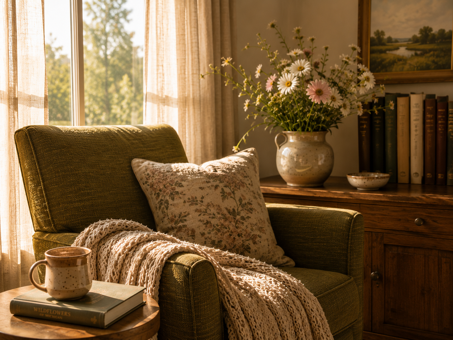 Sunlit living room corner with a green armchair, a patterned pillow, a knitted throw, a wooden side table with a ceramic mug and a book, a wooden cabinet with a vase of daisies and other flowers, a small dish, and a row of books, with a window and outdoor trees in the background.