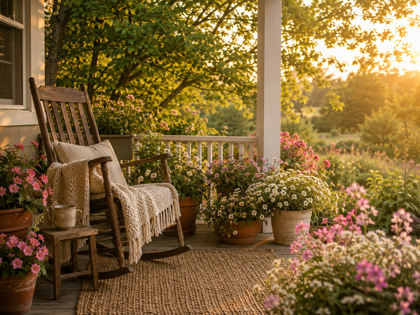 A cozy porch with a wooden rocking chair with a beige pillow and blanket, surrounded by colorful potted flowers, bathed in warm sunset light.