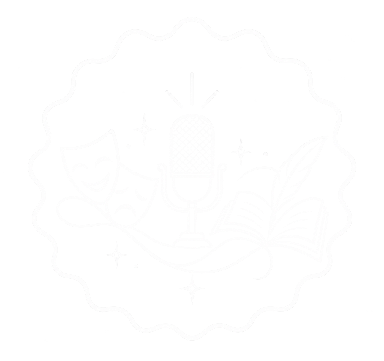 Decorative illustration of theatrical masks, a vintage microphone, and a quill pen inside a wavy border, representing arts and performance.