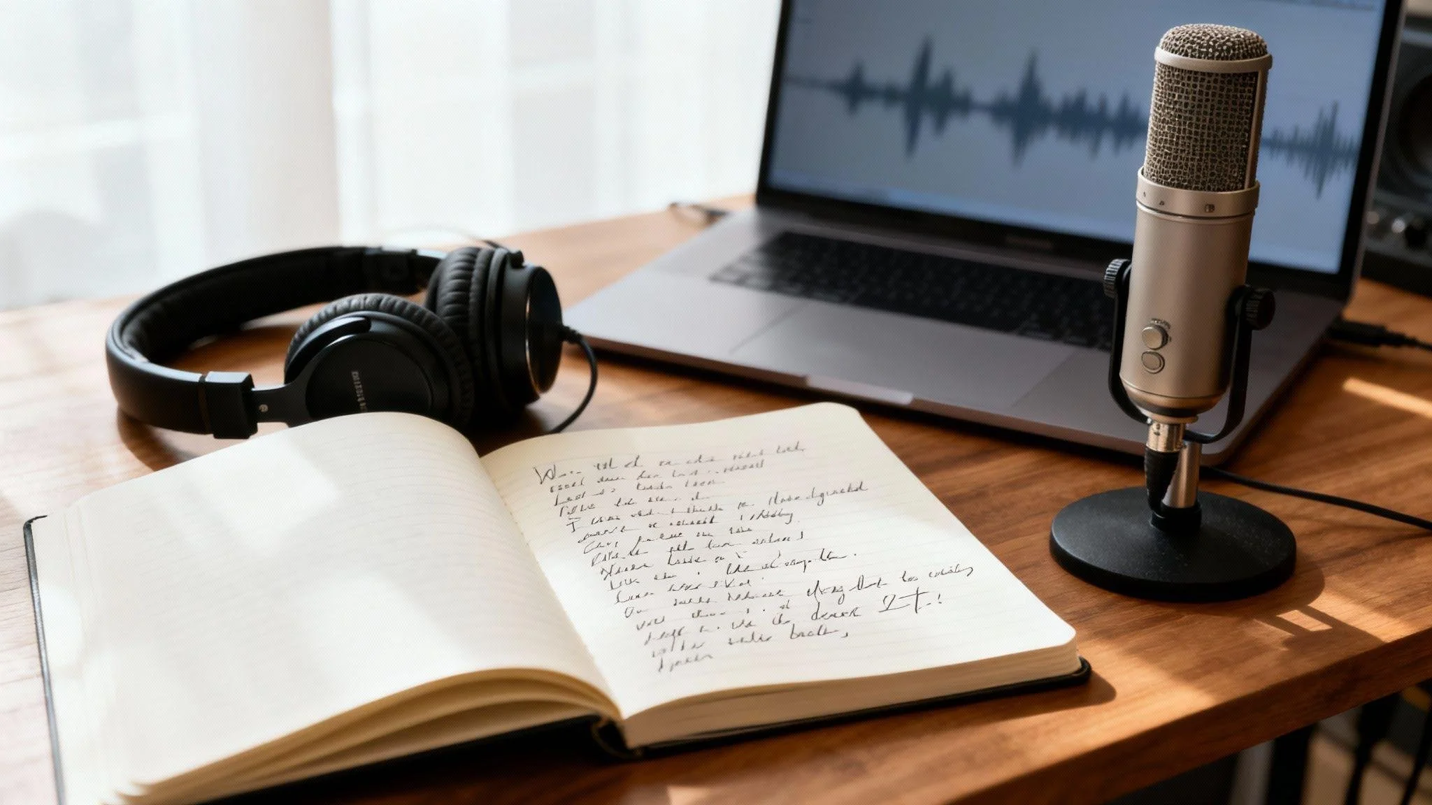 A recording setup on a wooden desk with a microphone on a stand, a pair of headphones, an open notebook with handwritten notes, and a laptop displaying an audio waveform.