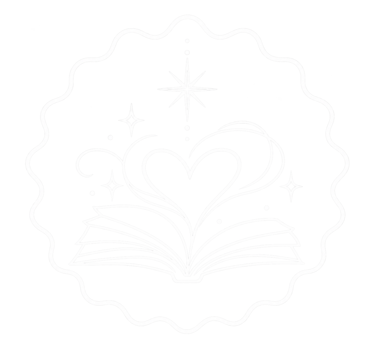 A decorative emblem featuring an open book with a heart shape surrounded by flowing lines, stars, and a large star at the top, all within a wavy border.