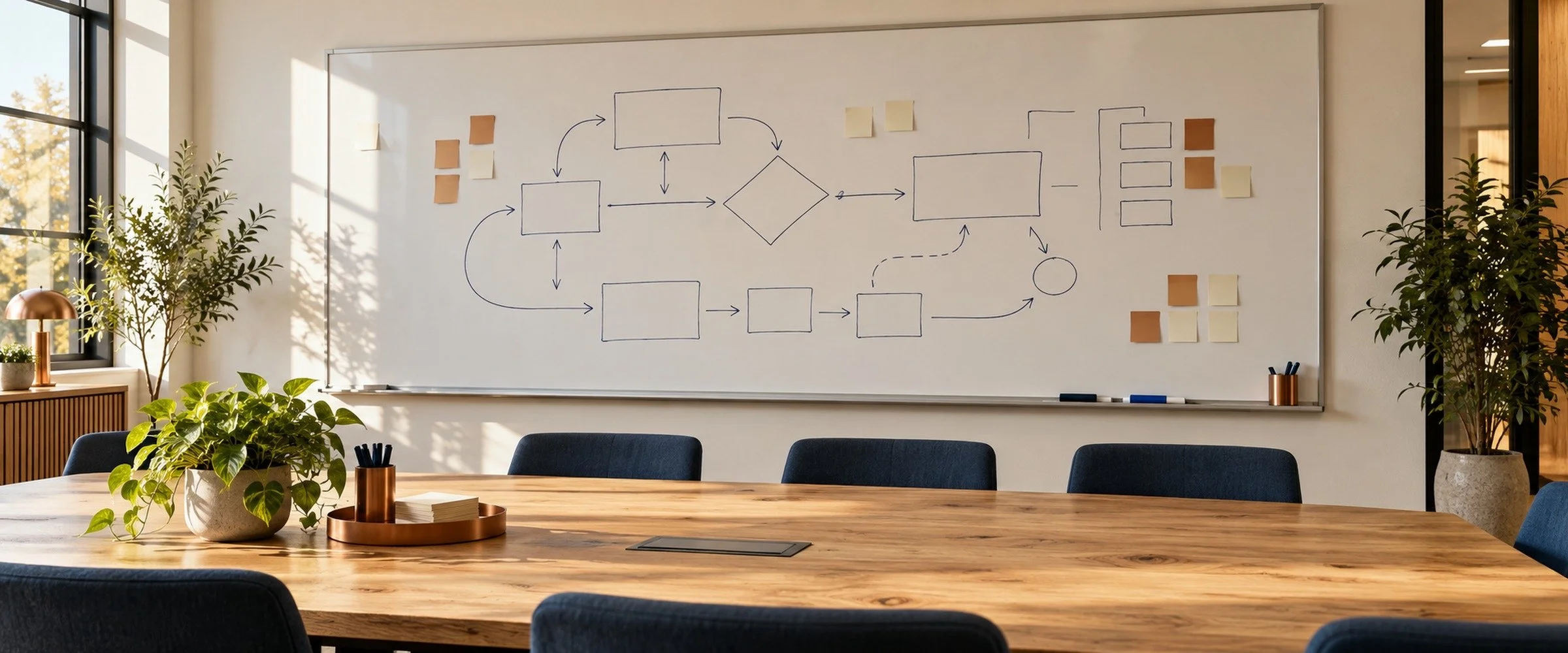 Meeting room with a workflow diagram on the whiteboard