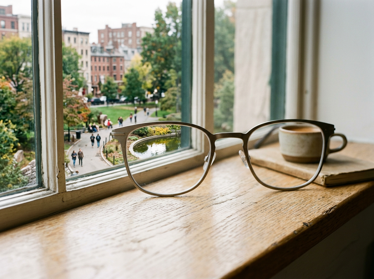 Eyeglasses and a cup of coffee or tea on a wooden windowsill, with a view of a city park with trees and people walking outside.