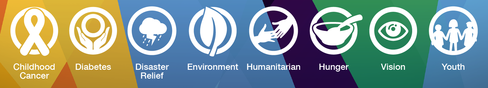 Icons representing Childhood Cancer, Diabetes, Disaster Relief, Environment, Humanitarian, Hunger, Vision, Youth under colorful background.