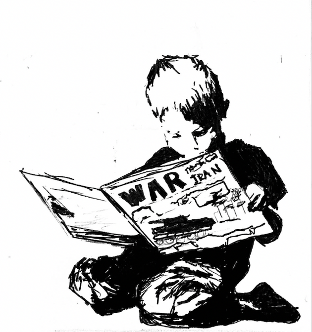 A black and white sketch of a young boy reading a newspaper titled 'WAR' with the date 'JAN' visible.