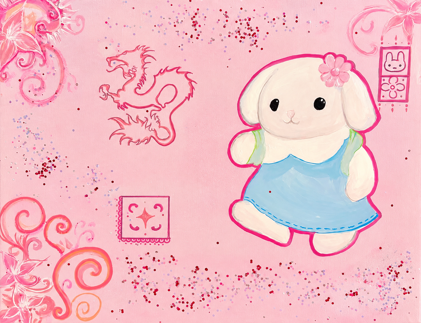 A pink background with a cute cartoon bunny wearing a blue dress and a pink flower on its head. Easy-to-draw dragon outline is on the upper left, and there are decorative swirls, sparkles, and small icons of a bunny and flowers.