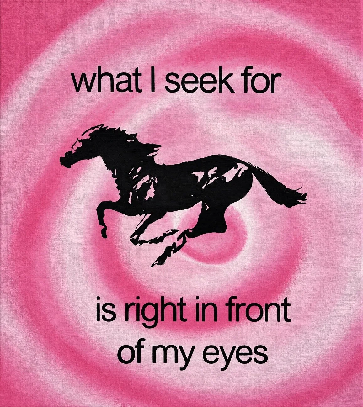 A pink background with a black silhouette of a running horse and the text 'what I seek for is right in front of my eyes'.