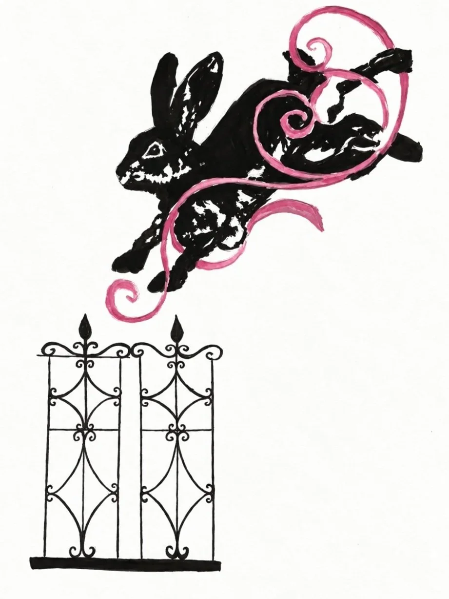Illustration of a black rabbit with pink swirling lines around it, flying above a decorative black wrought-iron fence.