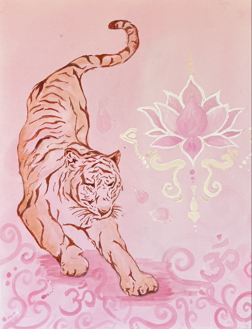 Pink background with a drawing of a white tiger walking on a pink decorative surface, and a pink lotus flower with white outline and gold accents to the right.