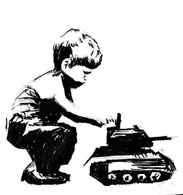 Black and white sketch of a young child crouching down and playing with a toy tank.