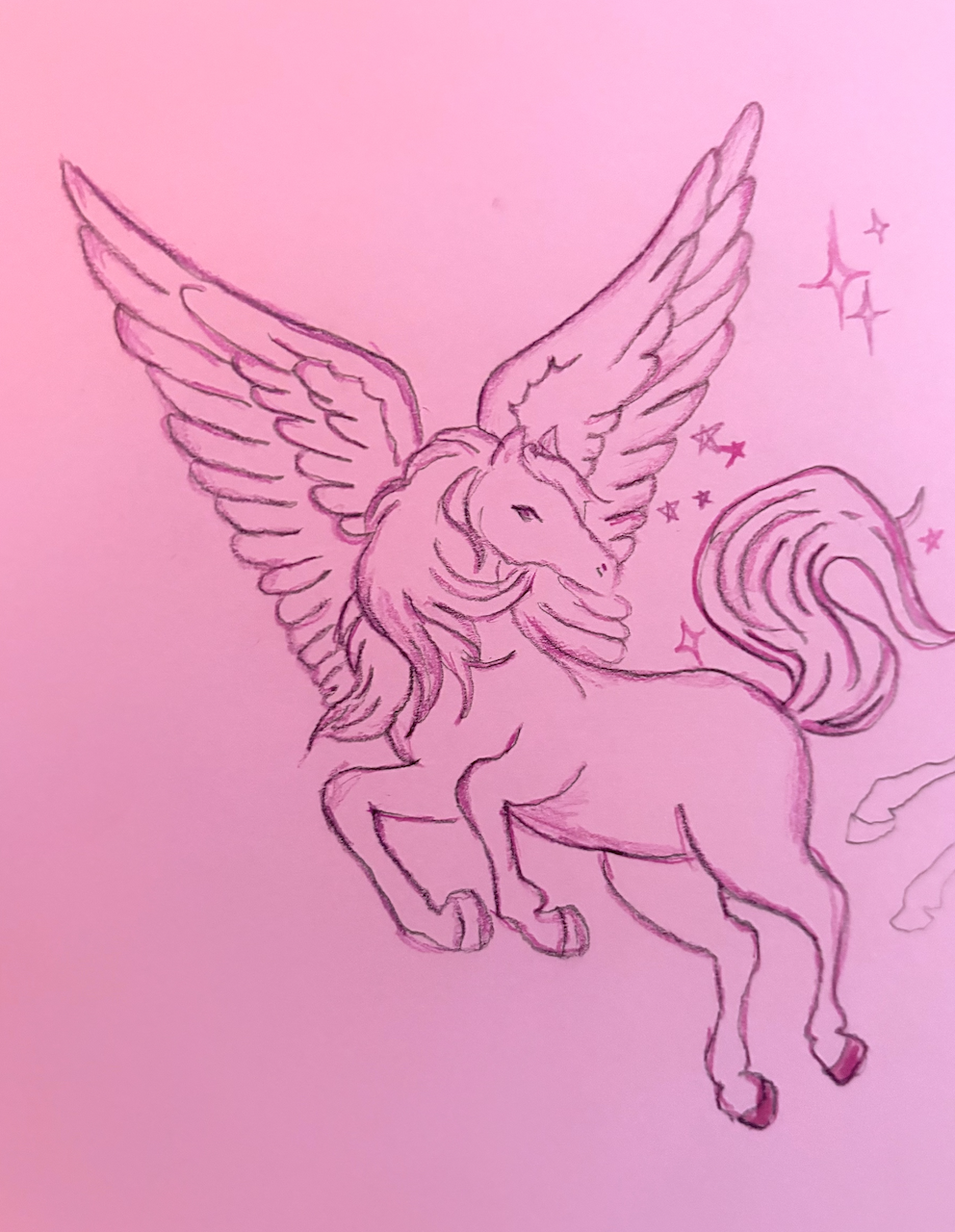 Hand-drawn sketch of a unicorn with large wings on pink paper, surrounded by stars.