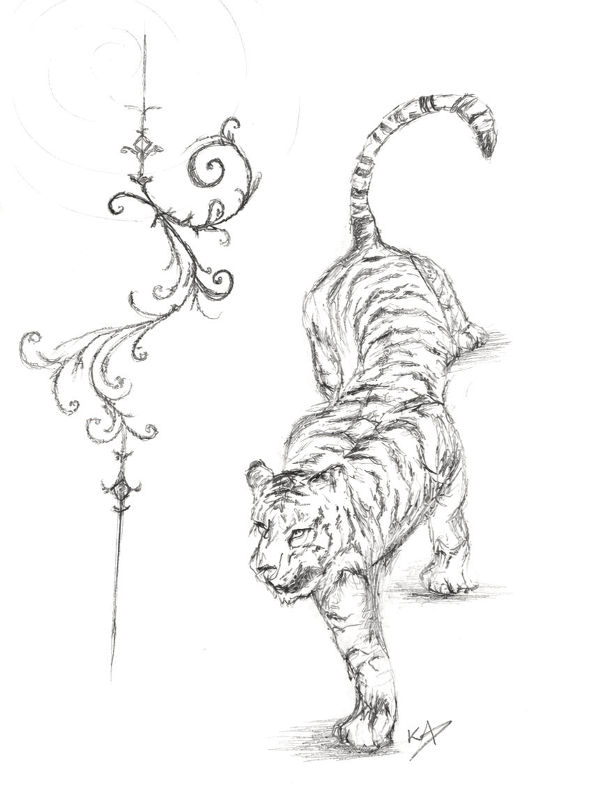 A detailed pencil sketch of a tiger walking and an ornate, decorative staff or scepter with swirling, leaf-like designs.