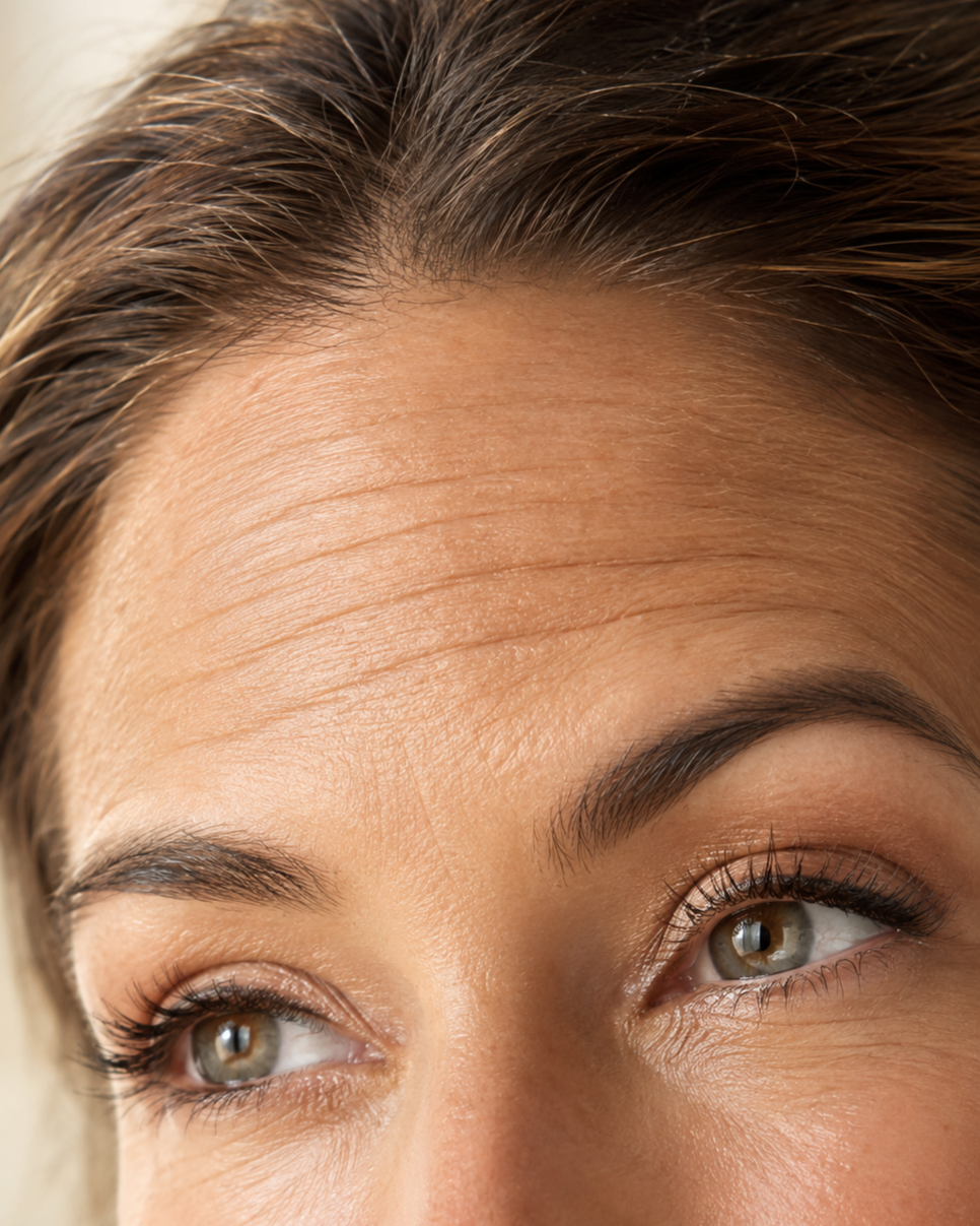 Image of a woman lifting her eyebrows to showcase her forehead lines