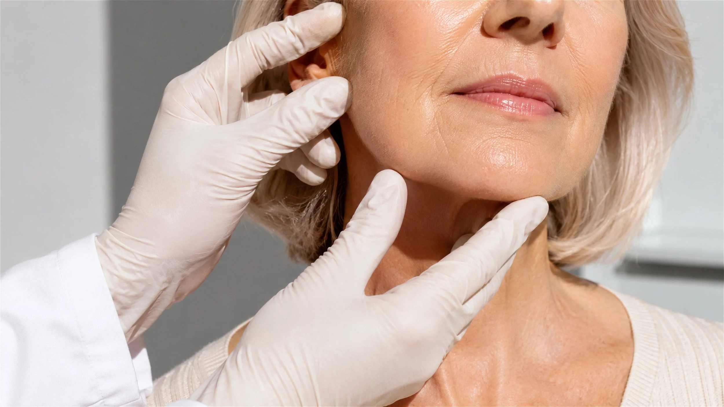 Aesthetician holding a woman's face off to the side- showcasing wrinkles around her mouth. 