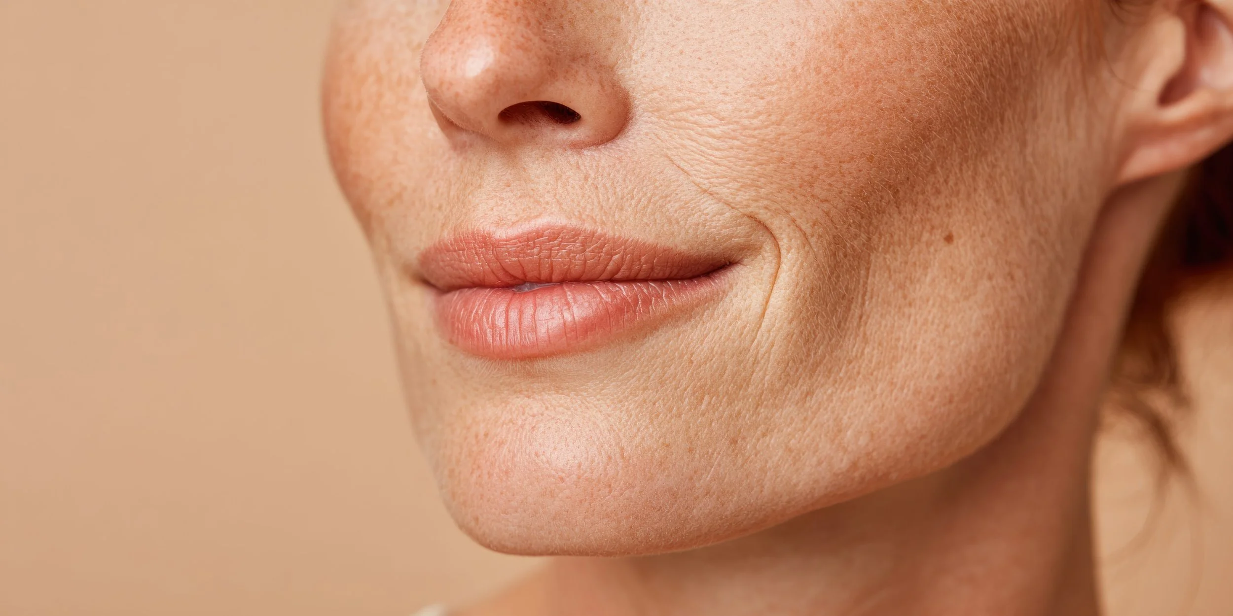 Close up of middle-aged woman's lips-showcasing a lip flip procedure result.