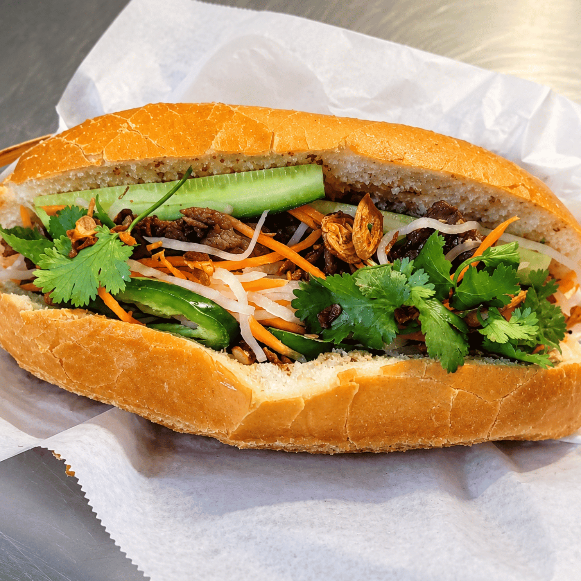 Vietnamese bánh mì sandwich with grilled meat, fresh cucumber, pickled carrots and daikon, cilantro, and crispy garlic served at Crawfish & Hotpot.