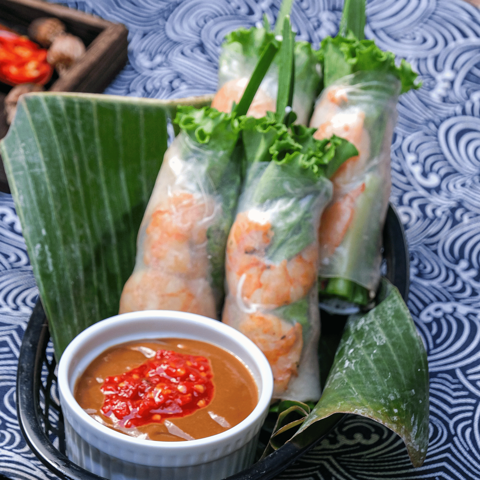 Fresh shrimp spring roll (Gỏi cuốn tôm) served at Crawfish & Hotpot, a Vietnamese appetizer made with fresh shrimp and rice paper.