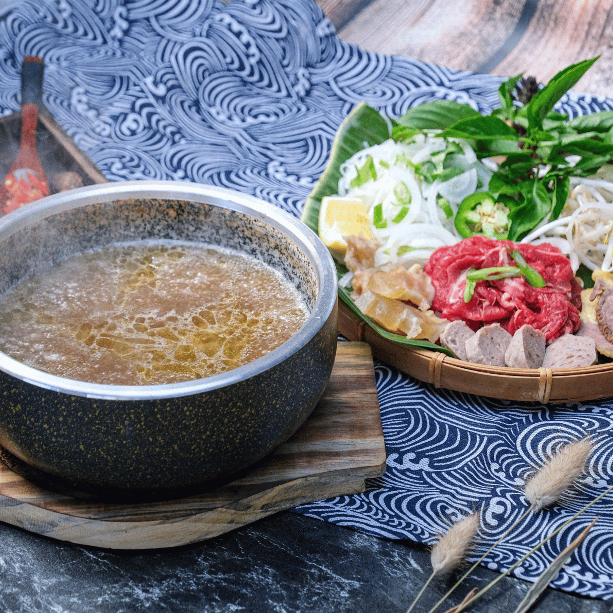 Hot Stone Pho (Phở Thố Đá), Vietnamese beef pho served in a hot stone bowl at Crawfish & Hotpot.