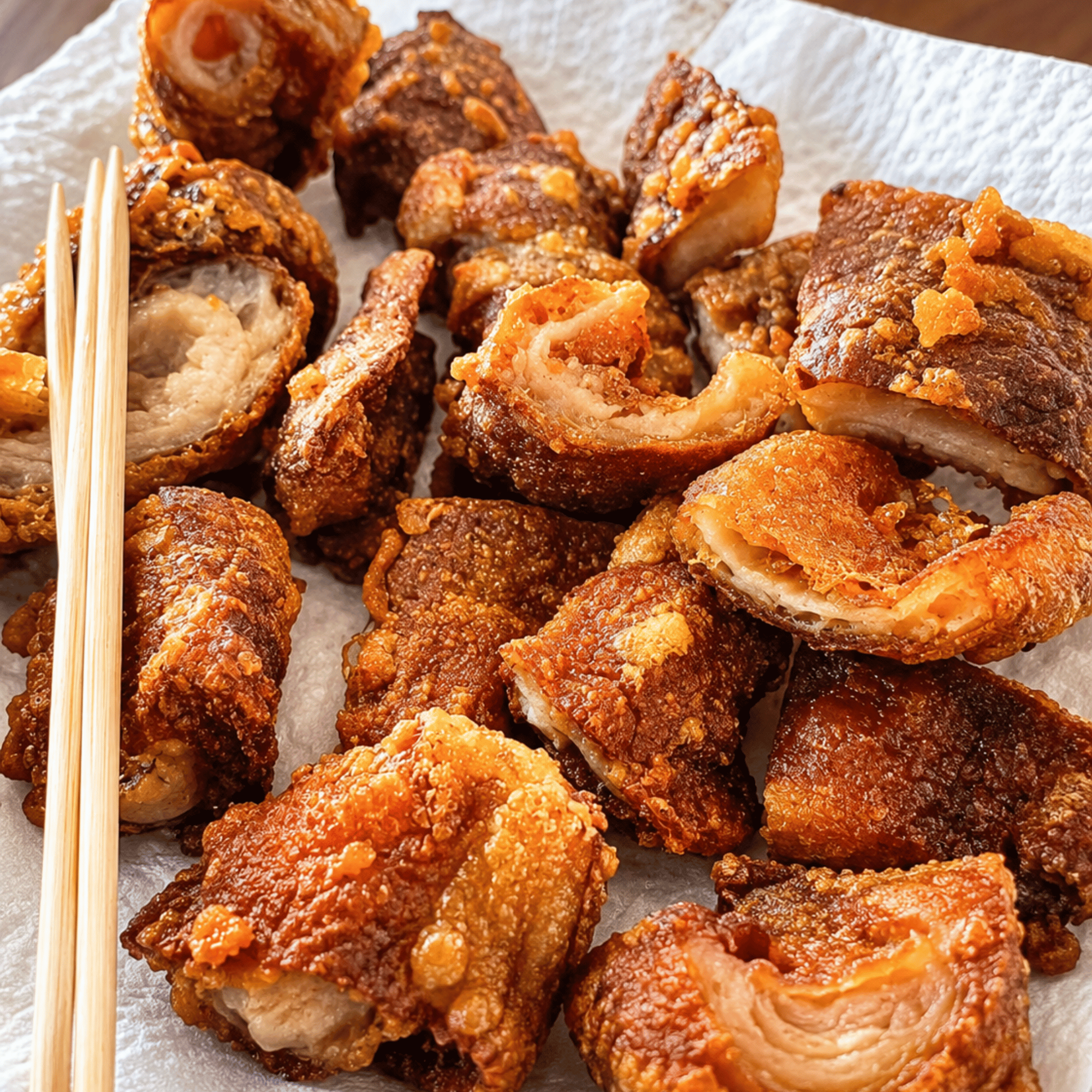 Close-up of golden-brown crispy fried meat pieces with a crunchy exterior, served at Crawfish & Hotpot.