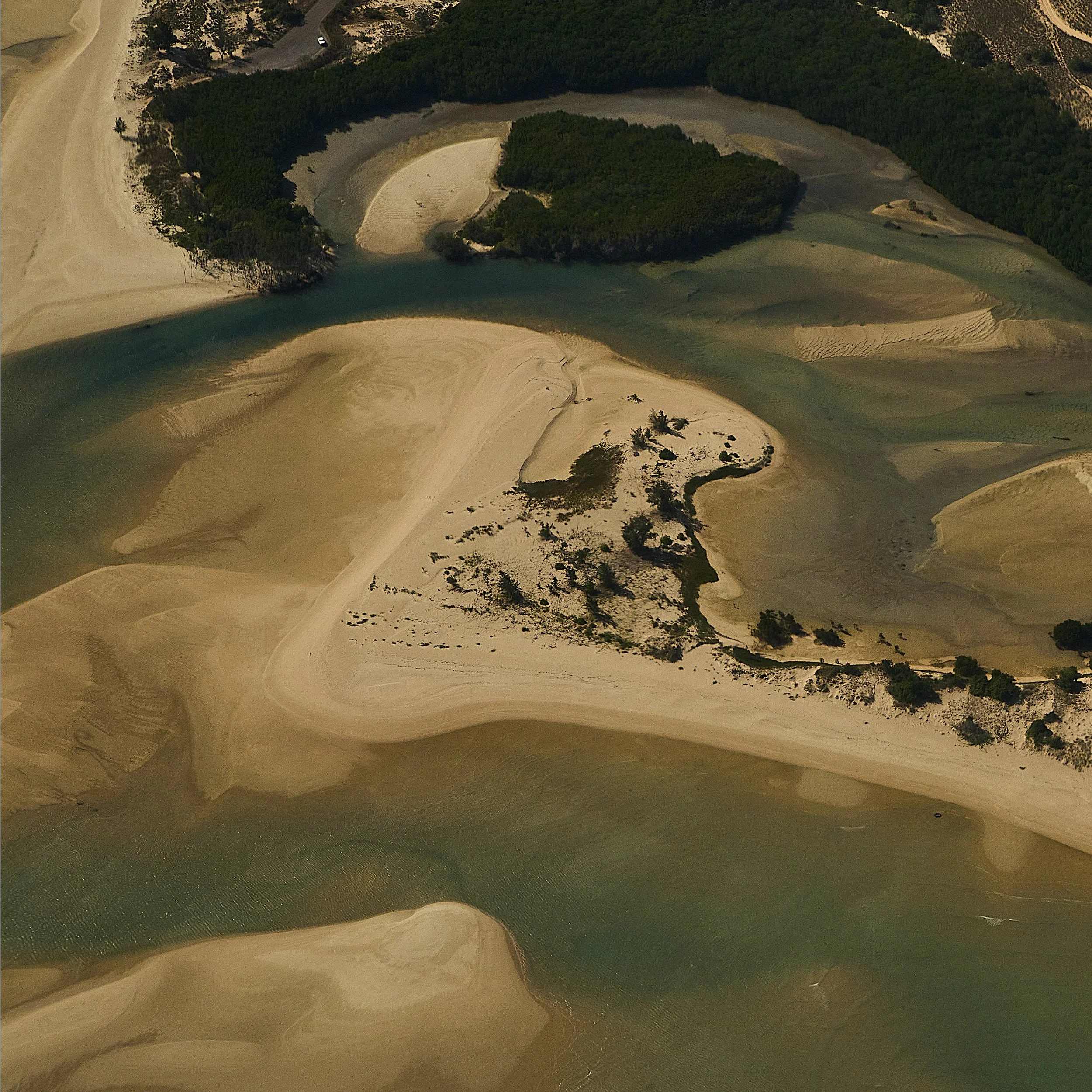 Aerial view of a winding river and sandbanks in East Arnhem Land.