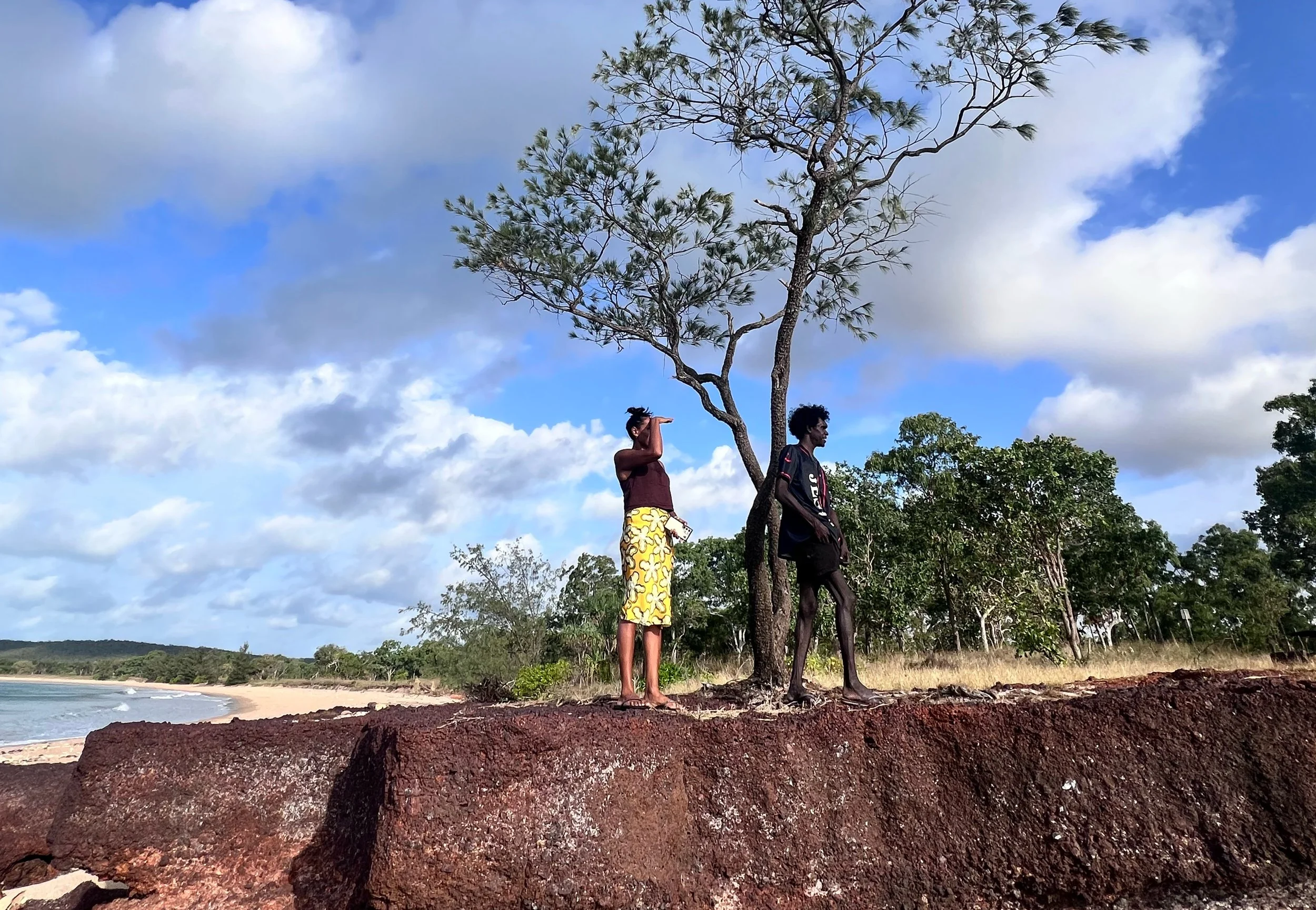 Two people standing on a rocky surface outdoors, with a tree and a beach with water in the background under a partly cloudy sky.