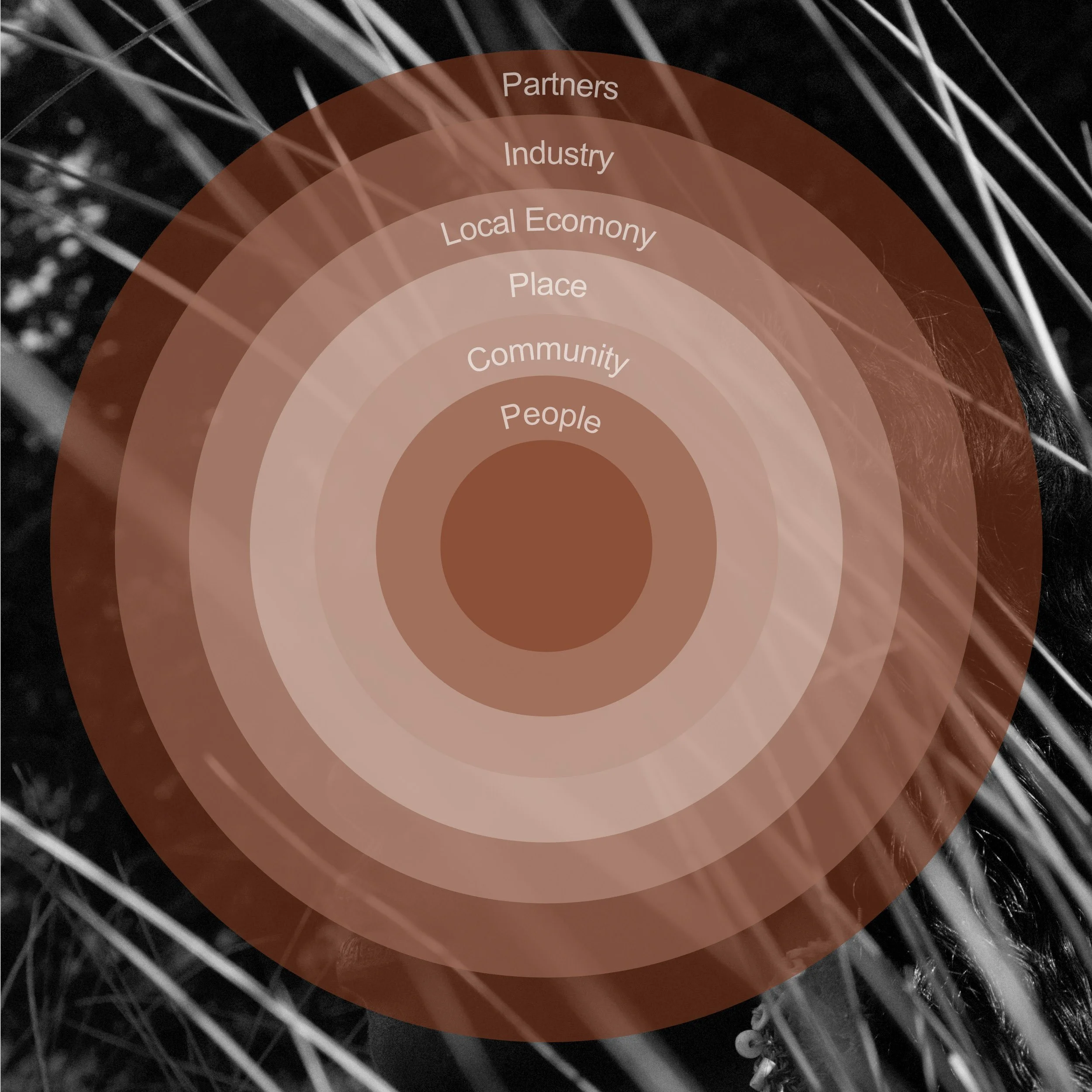 Close-up of a bicycle wheel with spokes and a hub, overlaid with a semi-transparent, concentric circle diagram with labels: People, Community, Place, Local Economy, Industry, Partners, in white text.