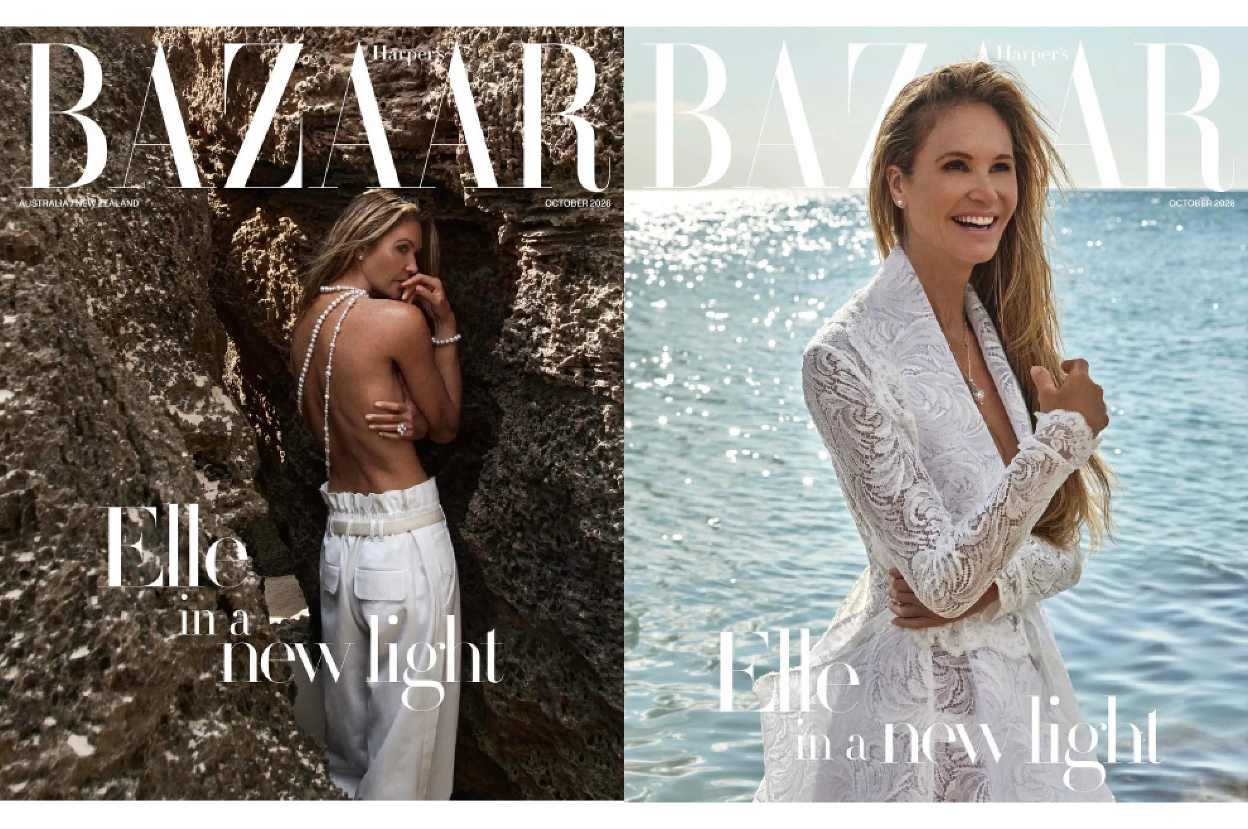 Two magazine covers of Harper's Bazaar, each featuring a woman. The left cover shows a woman with long hair, wearing pearls, leaning against rocks. The right cover shows a woman with long wavy hair, smiling near water, wearing a lace dress.