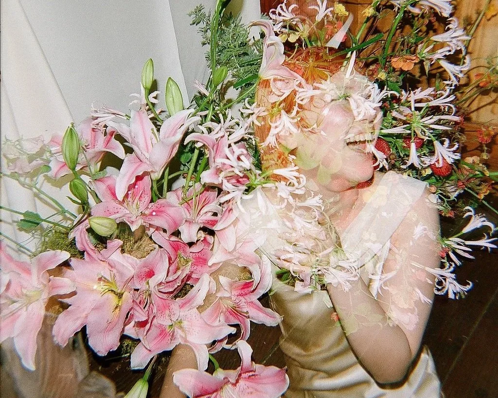 Film wedding photography with unique floral bouquet