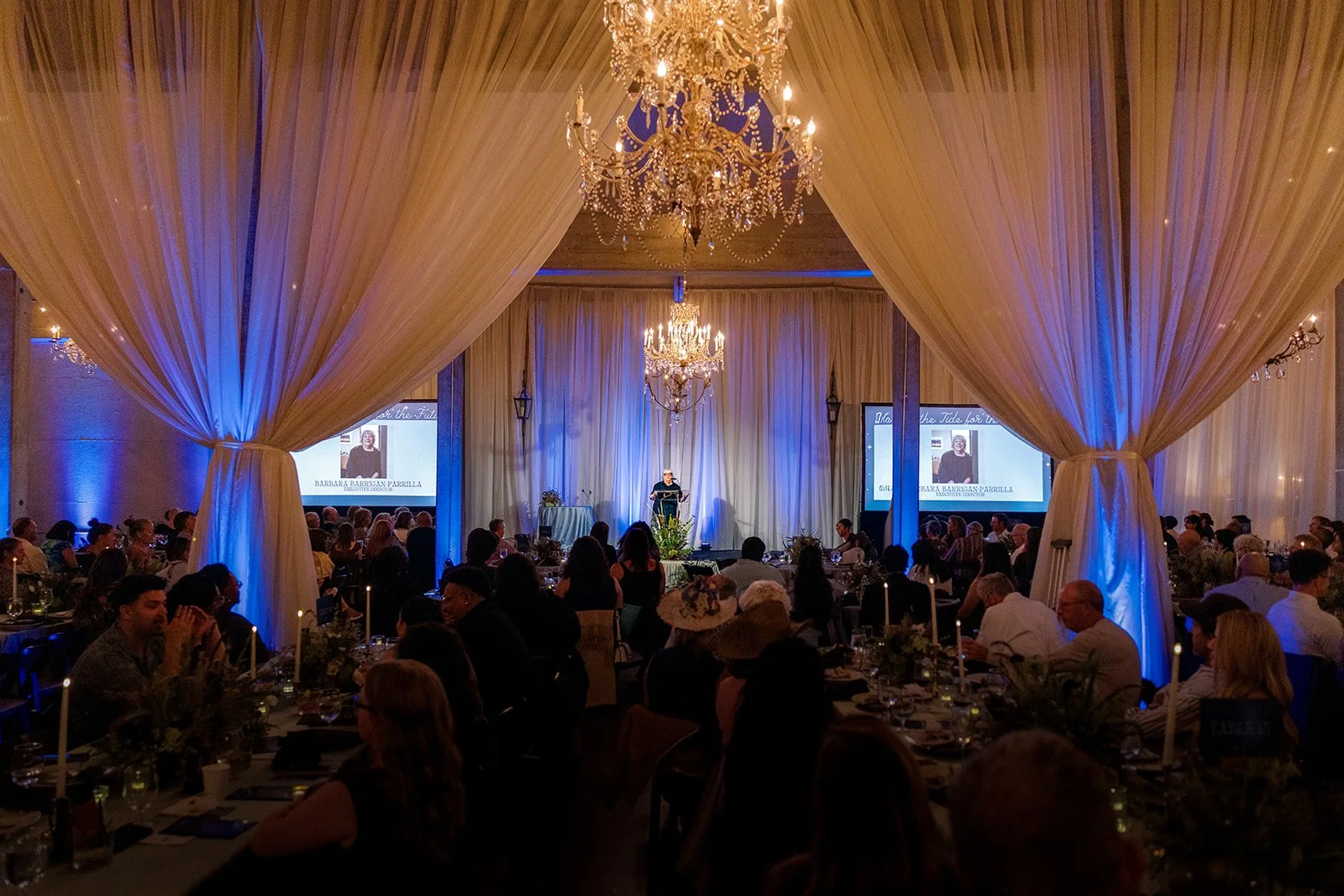 Chandelier, draping Sacramento wedding venue 