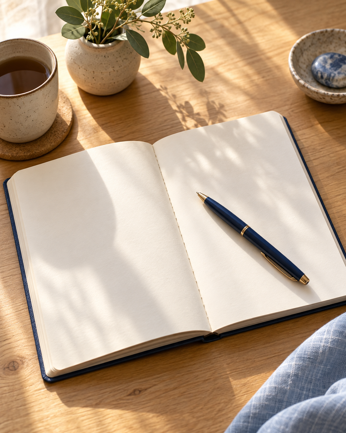 An open cream journal and navy pen on a softly sunlit wooden desk.