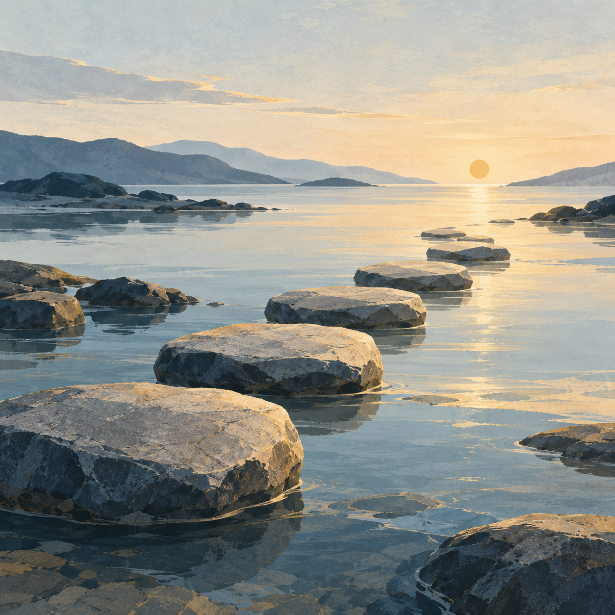 Illustration of stepping stones crossing calm blue water toward a sunlit horizon.