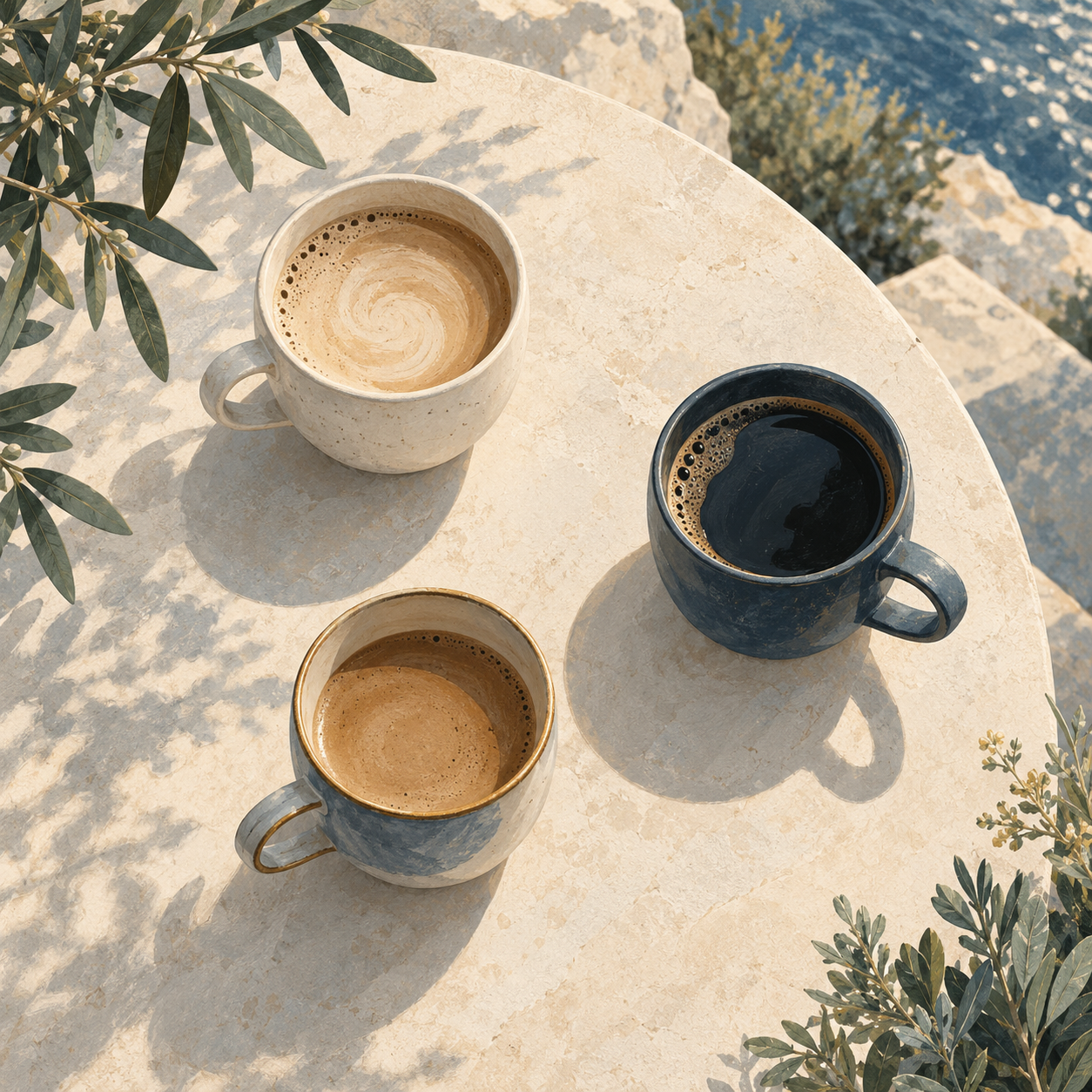 Illustration of three ceramic coffee cups gathered around an outdoor stone table.