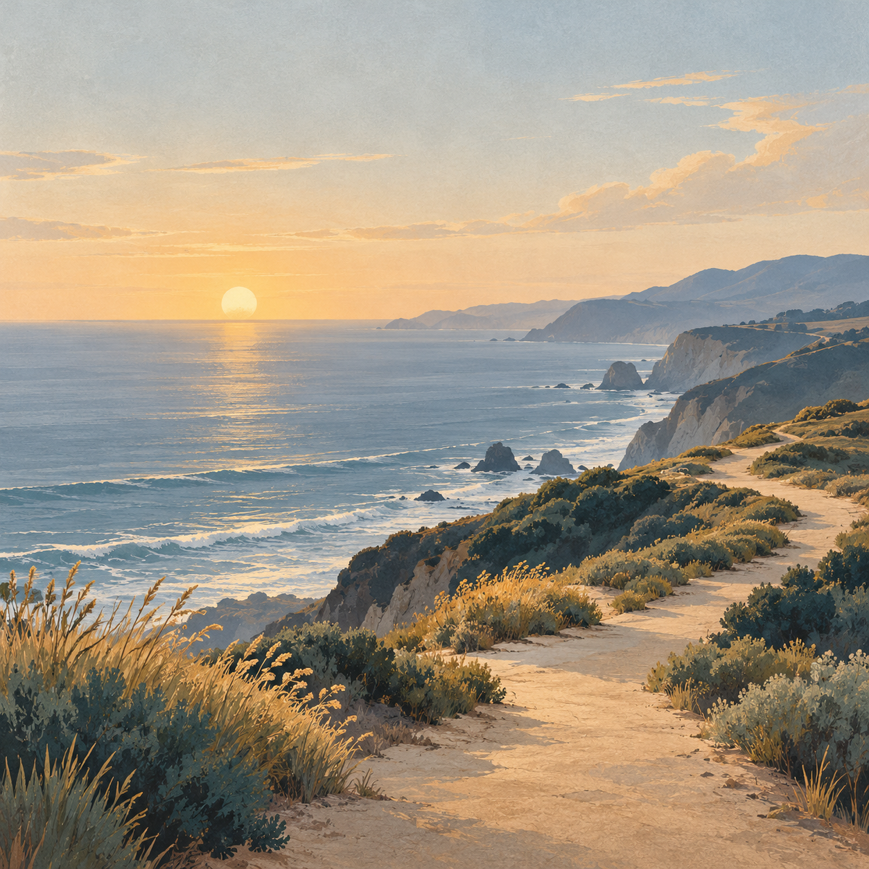 A winding walking path along blue coastal bluffs at sunrise.