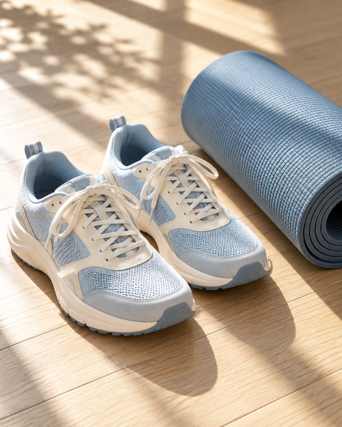 Pale blue sneakers beside a rolled exercise mat on a sunlit wooden floor.