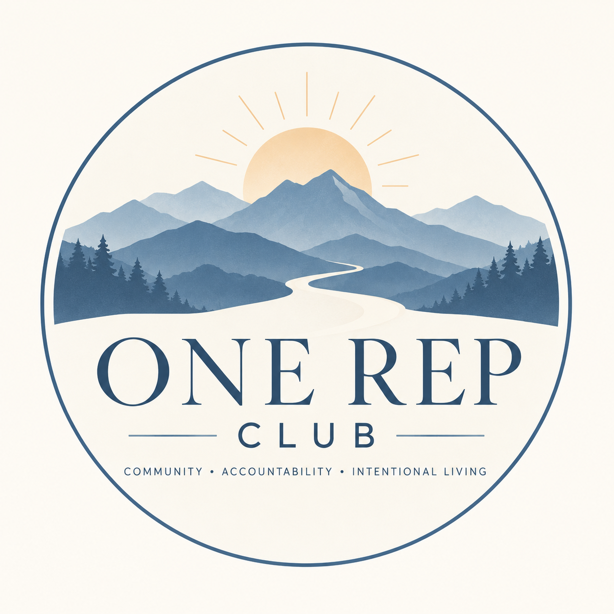 One Rep Club: blue mountains, a sunrise, and a winding path. Community, accountability, intentional living.