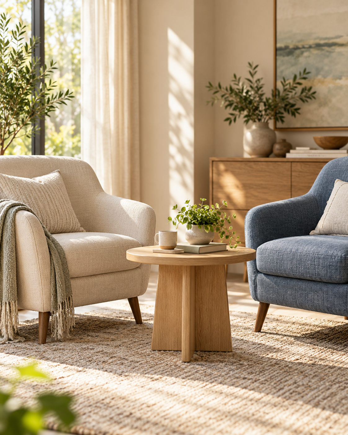 Two comfortable cream and dusty blue chairs arranged for a conversation in a sunlit room.