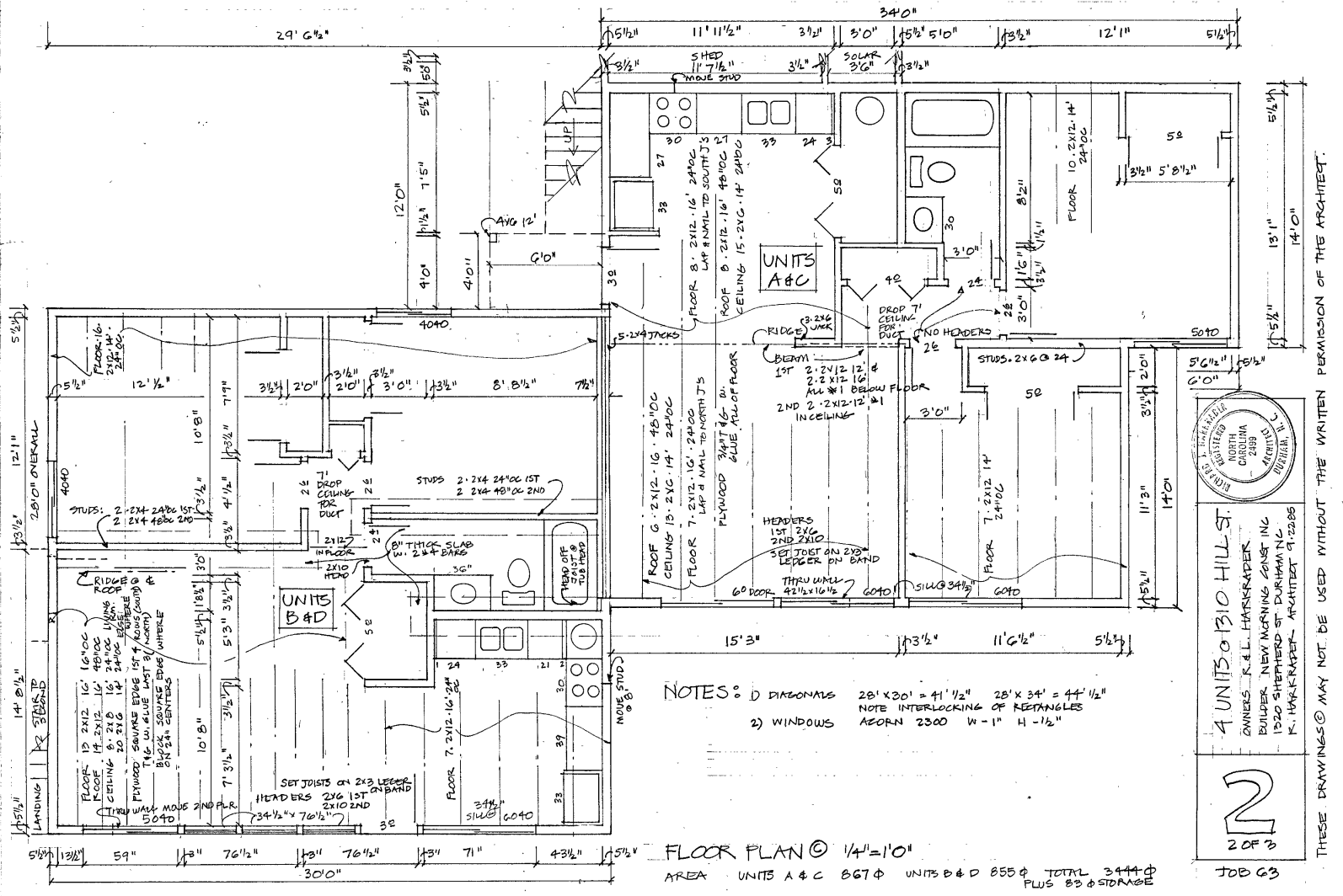 Detailed architectural floor plan of a building, showing rooms, measurements, doors, windows, and construction notes.