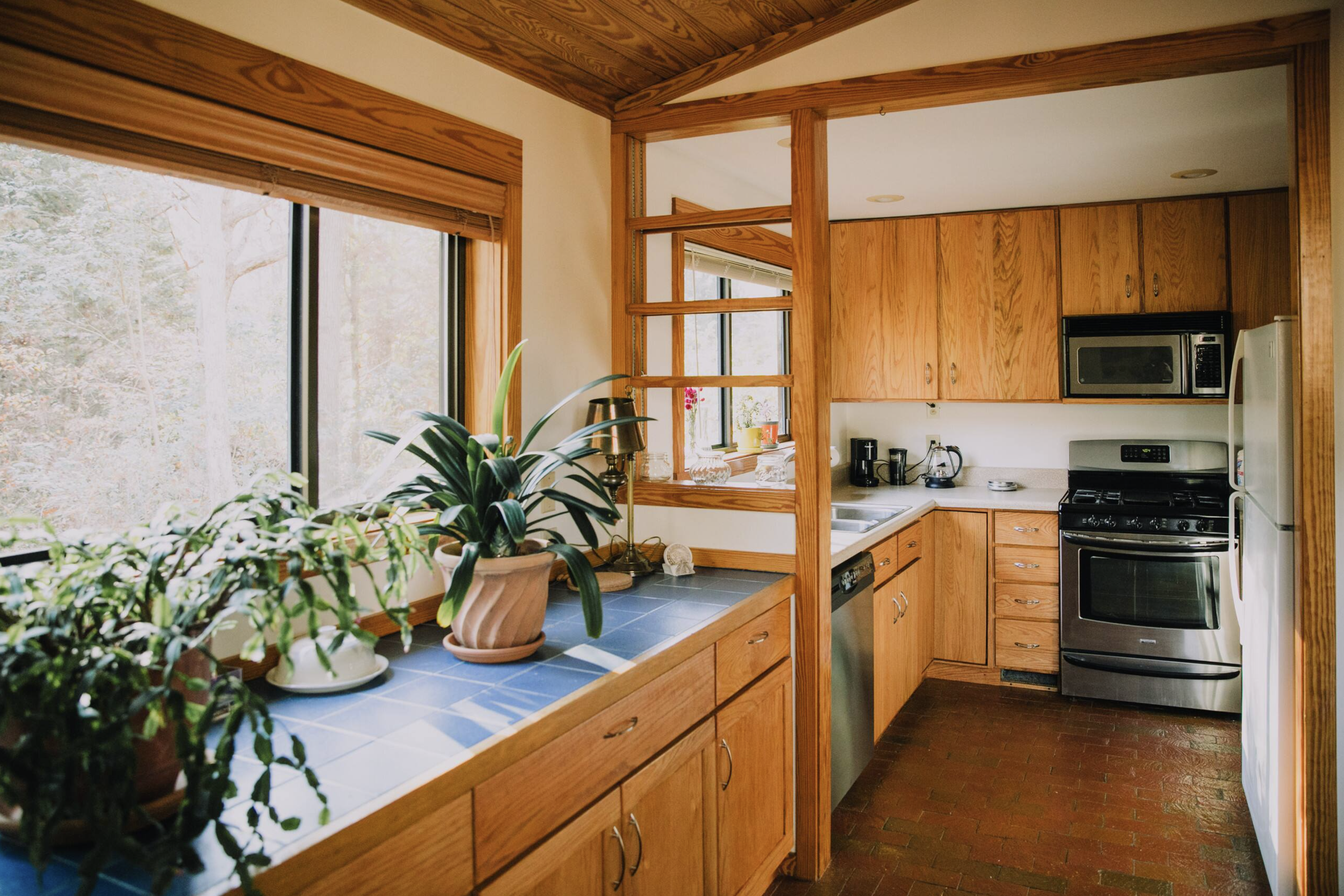 Kitchen with wooden cabinets, black stove and microwave, windows with a view of trees, and houseplants on the counter.