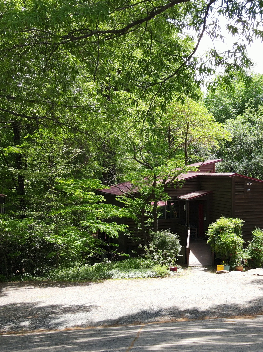A house nestled among lush green trees and bushes, with a gravel pathway leading to the front door and several potted plants near the entrance.